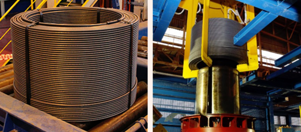 ▲코일철근 제품(왼쪽)과 코일철근 생산 Spooler 설비. ⓒ동국제강