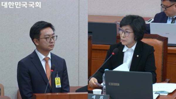 ▲레이장 알리익스프레스 한국지사장(사진 왼쪽)과 오세희 더불어민주당 의원. ⓒ국회인터넷의사중계시스템 캡처