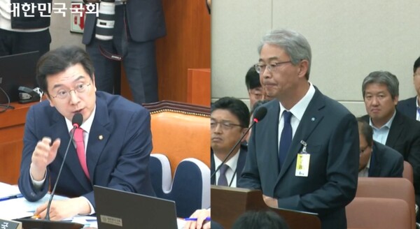 ▲강민국 국민의힘 의원이 임종룡 우리금융 회장(왼쪽)에게 질의하고 있다. ⓒ대한민국 국회