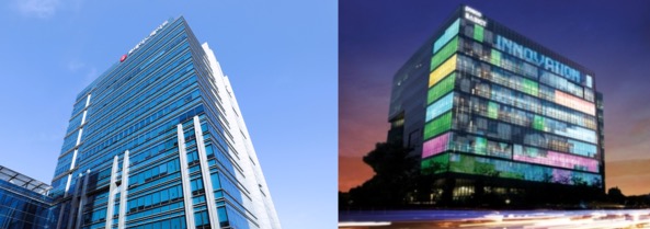 ▲롯데이노베이트 사옥(왼쪽)과 포스코DX 사옥 전경. ⓒ각 사