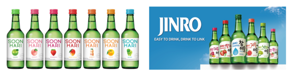 ▲롯데칠성음료 미국 수출 제품 '처음처럼 순하리' 7종(사진 왼쪽)과 하이트진로 수출 제품 '참이슬·진로'. ⓒ각 사