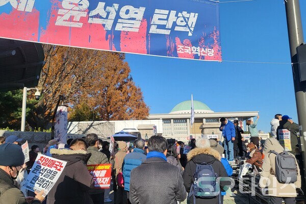 ▲국회 앞에서 윤석열 대통령 퇴진을 촉구하는 시위가 진행되는 모습. ⓒ최나리 기자