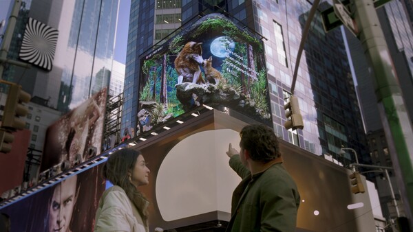 ▲뉴욕 타임스스퀘어 방문객들이 해당 캠페인 영상을 보고 있다. ⓒLG전자