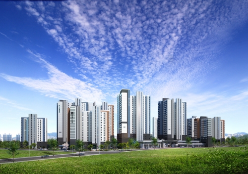 ▲‘고덕국제신도시 미래도 파밀리에’ 투시도. ⓒ신동아건설