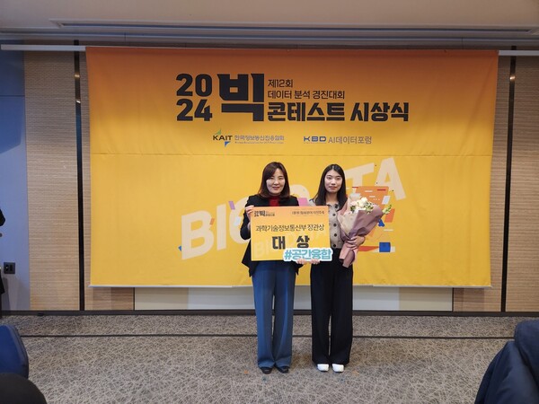 ▲지정주제 5개 부문 대상을 수상한 ‘소잘우 미숫가루맛’팀(오른쪽)과 시상자 과학기술정보통신부 김수정 데이터진흥과장. ⓒLX공사