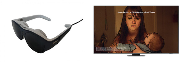 ▲안경 타입 웨어러블 기기 ‘릴루미노의 글래스’(좌)와 삼성 TV ‘릴루미노 모드’(우). ⓒ삼성전자