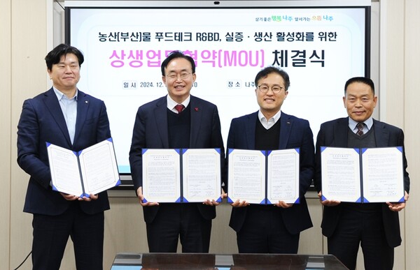 ▲농산물·농산부산물 푸드업사이클링 R&BD, 실증·생산 및 지역산업 활성화를 위한 상생업무협약식에서 기념 촬영하는 모습. ⓒ광동제약