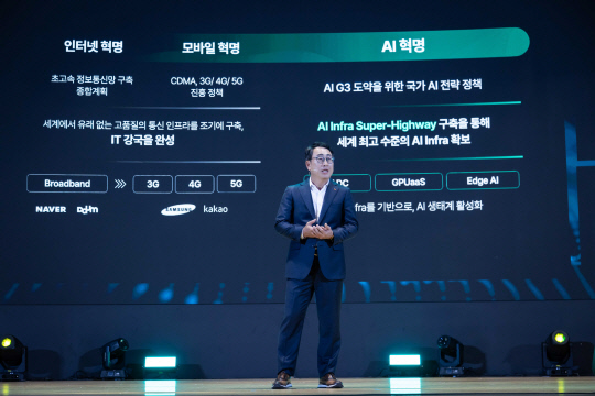 ▲유영상 SK텔레콤 CEO가 'SK AI 서밋 2024'에서 발표를 하고 있다.ⓒSK텔레콤