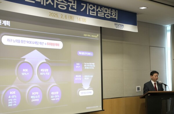 ▲현대차증권 배형근 사장이 6일, 여의도 전경련회관에서 열린 ‘현대차증권 중장기 기업가치제고 기업설명회’에서 발표하고 있다. ⓒ 현대차증권