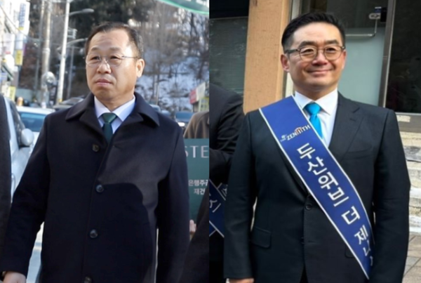 ▲은행주공 현장에 방문한 정희민 포스코이앤씨 사장(왼쪽)과 이정환 두산건설 대표. ⓒ각 사