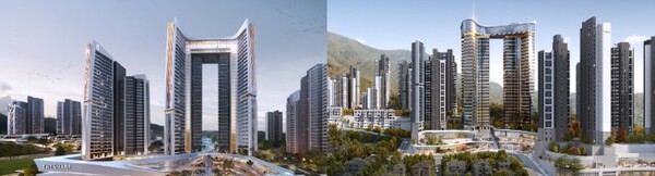 ▲포스코이앤씨(왼쪽)와 두산건설이 제안한 은행주공 재건축 투시도. ⓒ각 사