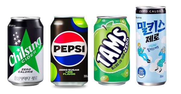▲칠성사이다, 펩시, 탐스, 밀키스 등 제로 음료(사진 왼쪽부터). ⓒ롯데칠성음료