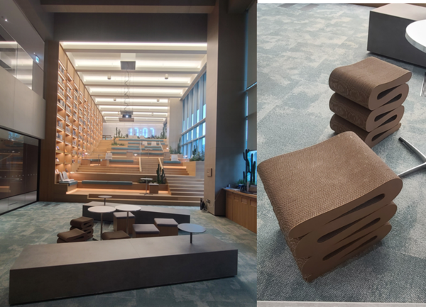 ▲1천권 도서가 비치된 오아시스(사진 왼쪽)와 친환경 소재 의자. ⓒ박현주 기자