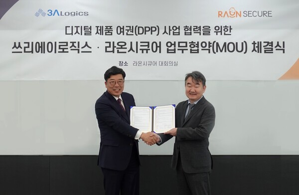 ▲라온시큐어-쓰리에이로직스, '디지털제품여권(DPP)' 사업 협력 위한 업무협약 체결ⓒ라온시큐어