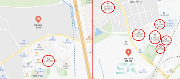 ▲(우)한국타이어 대전공장, 금호타이어 광주공장 주거단지. ⓒ전지선 기자