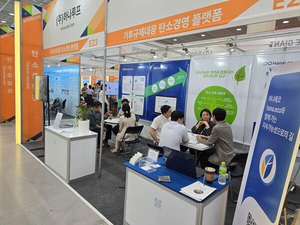 ▲하나루프 기업 관계자들에게 디지털 탄소경영 솔루션과 기후규제 대응 전략을 소개하고 있다. ⓒ대한민국ESG위원회