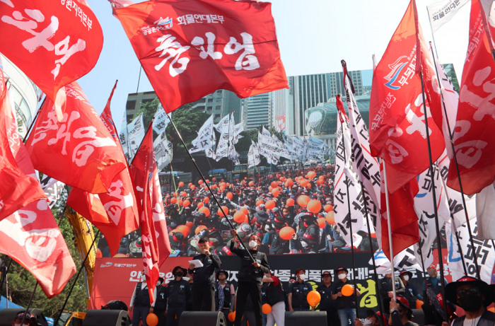 ▲지난 5월 28일 진행된 민주노총 전국공공운수노동조합 화물연대 총파업 결의대회. ⓒ민주노총 전국공공운수노동조합 화물연대