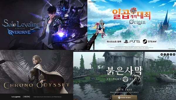 ▲(왼쪽위부터 시계방향으로) 넷마블 ‘나혼자만레벨업:어라이즈 오버드라이브‘, ‘일곱개의 대죄 오리진‘, 펄어비스 ‘붉은사막’, 카카오게임즈 ‘크로노오디세이’ⓒ각 사