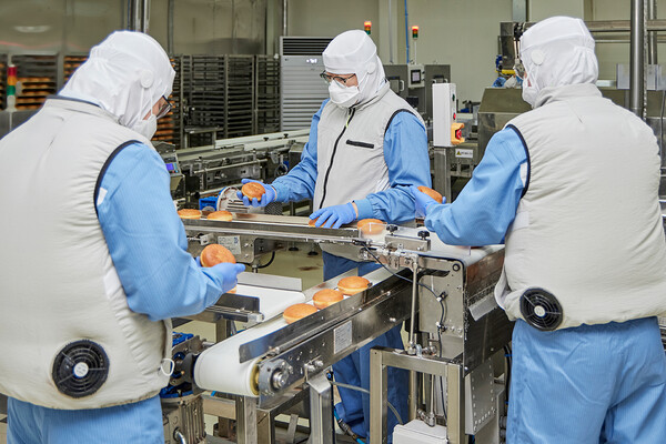 ▲던킨 안양공장 직원들이 온열 질환 예방을 위해 마련된 냉풍조끼를 입고 작업하는 모습. ⓒSPC