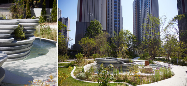 ▲천안 롯데캐슬 더 청당 단지에 첫선을 보인 그린바이그루브 정원 디자인. ⓒ롯데건설