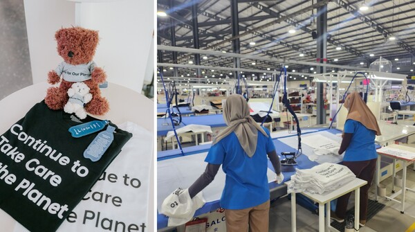 ▲폐플라스틱으로 만든 원사로 티셔츠를 생산하는 모습(사진 오른쪽)과 업사이틀링 된 티셔츠와 곰인형 완성품 모습. ⓒ세아상역