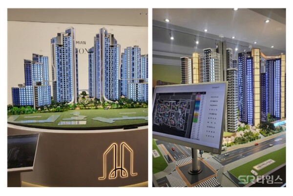 ▲(사진 왼쪽부터)각 사 홍보관에 전시된 삼성물산 래미안 루미원 디오라마와 대우건설 써밋 프라나티 디오라마 전경. ⓒ최나리 기자