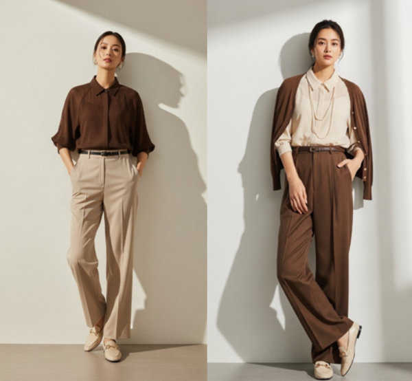 ▲멜본 일자통 슬랙스와 원턱 일자통 슬랙스. ⓒ이랜드