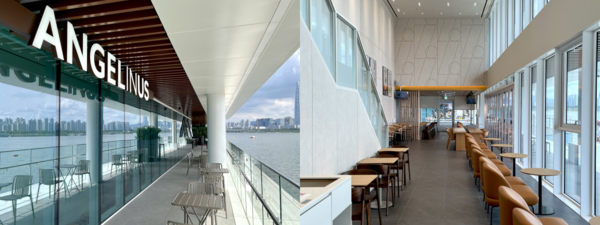 ▲서울시 뚝섬한강공원 수변무대 앞 르엘캐슬갤러리의 1·2층에 엔제리너스 르엘캐슬갤러리점이 입점했다. 한강측 외부(사진 왼쪽)와 1층 내부의 모습. ⓒ롯데GRS