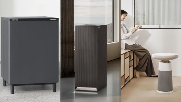 ▲(왼쪽부터)코웨이 '스퀘어핏 공기청정기', 쿠쿠 '인스퓨어 헤리티지 공기청정기', LG전자 '에어로스피커'. ⓒ각 사