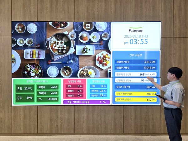 ▲LG전자 BEMS_풀무원기술원: 풀무원기술원 담당자가 기술원 로비에 설치된 에너지 사용 현황판을 소개하고 있다. ⓒLG전자