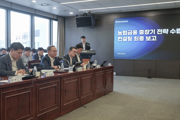 ▲지난달 29일 개최된 ‘농협금융 중장기 전략 수립’ 컨설팅 최종 보고회에서 이찬우 NH농협금융지주 회장이 생산적금융의 중요성을 강조하고 있다. ⓒ농협금융