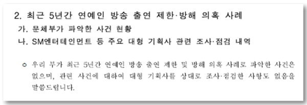▲13일 문화체육관광부가 정연욱 의원실에 제출한 자료에 따르면 “최근 5년간 연예인 방송 출연 제한 및 방해 의혹 사례로 파악한 사건은 없으며 대형 기획사를 상대로 한 조사·점검도 없다”고 답변했다. ⓒ정연욱 의원실