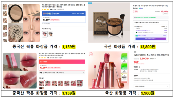 ▲중국 이커머스 판매 '짝퉁' 화장품. 국산 화장품 가격과 10배 가까이 가격차가 나고 있다. ⓒ오세희 의원실
