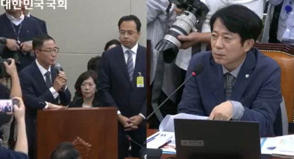 ▲14일 국회 정무위원회의 공정거래위원회 대상 국정감사에는 증인으로 김명규 쿠팡이츠 대표와 김범석 우아한형제들 대표가 출석했다. 사진은 이강일 더불어민주당 국회의원이 불공정한 수수료 구조에 대해 질의하자 김 대표가 답변하는 모습. ⓒ국회인터넷의사중계시스템