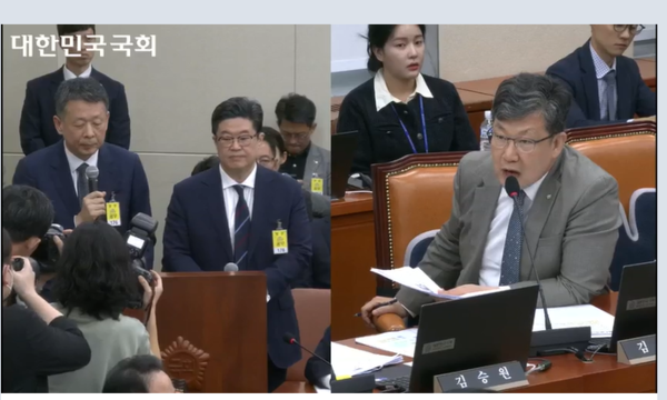 ▲14일 국회 정무위원회의 공정거래위원회 대상 국정감사에 출석한 김광일 홈플러스 대표와 김병주 MBK파트너스 회장. 김남근 더불어민주당 국회의원이 '우협' 관련 질의하고 있다. ⓒ국회인터넷의사중계시스템