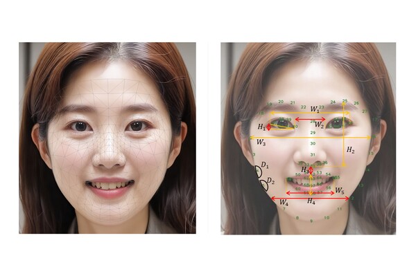 ▲안면 특징점 추출 기술 적용 예시(좌), 얼굴 부위별 6가지 노화 지표 정의 예시. ⓒLG생활건강