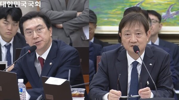 ▲27일 국회 정무위원회 국정감사에서 (왼쪽부터) 강민국 국민의힘 의원, 이찬진 금융감독원장. ⓒ국회 인터넷의사중계시스템