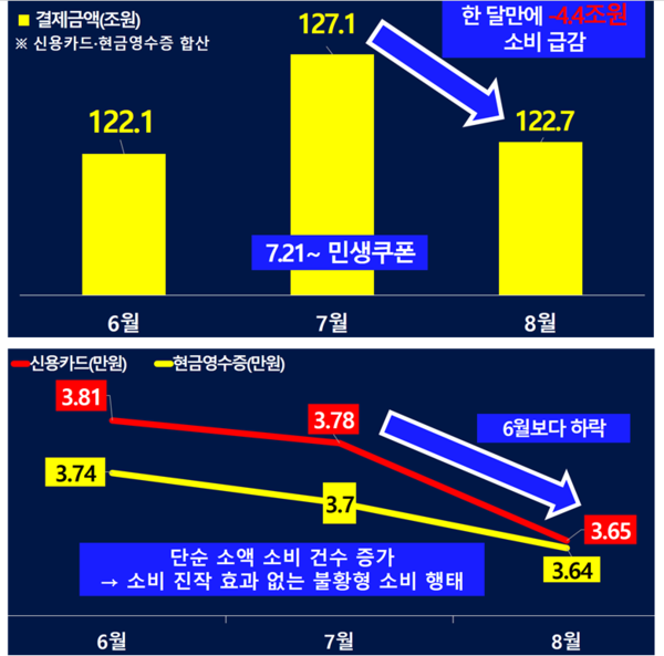 ▲민간지출 소비액 및 건별 결제금액 추이. ⓒ박수영 의원실, 국세청.