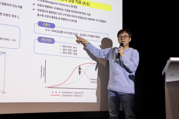 ▲29일 카카오뱅크 여의도 오피스에서 진행된 ‘2025 카뱅 커넥트’에서 조진현 카카오뱅크 신용리스크모델링팀장이 발표하고 있다. ⓒ카카오뱅크