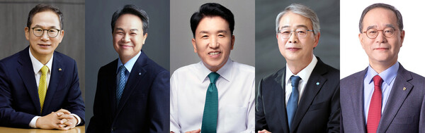 ▲양종희 KB금융 회장, 진옥동 신한금융 회장, 함영주 하나금융 회장, 임종룡 우리금융 회장, 이찬우 농협금융 회장(왼쪽부터). ⓒ각 사 제공.
