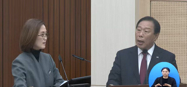 ▲11일 오전 김현미 의원(좌)과 최민호 시장이 시 예산과 관련한 정례회 긴급 현안 질문 과정에서 설전을 하고 있다. ⓒ세종시의회 갈무리