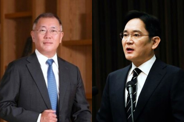 ▲정의선 현대차그룹 회장(왼쪽)과 이재용 삼성전자 회장. ⓒ각사 제공