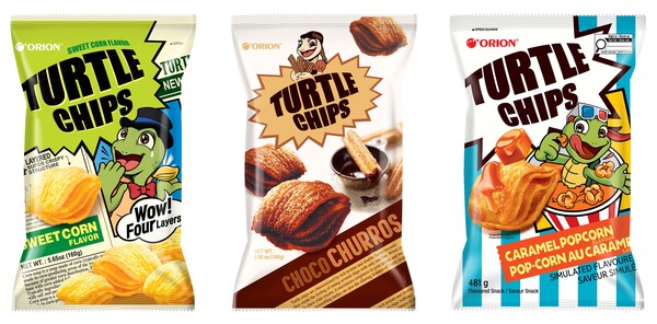 ▲오리온 꼬북칩 콘스프맛·초코츄러스맛·카라멜팝콘맛 제품 이미지. ⓒ오리온