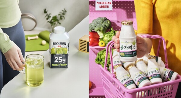 ▲워터형 단백질 음료 테이크핏 프로 샤인머스캣맛·불가리스 설탕 무첨가 플레인. ⓒ남양유업