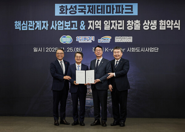 ▲‘스타베이 시티(화성국제테마파크)’ 개발 사업을 추진 중인 신세계화성이 경기도·화성시·한국수자원공사와 함께 ‘화성 국제테마파크 지역 일자리 창출 및 상생협력 업무협약(MOU)’을 체결했다. ⓒ신세계화성