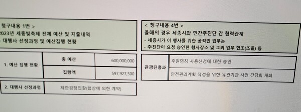 ▲세종시가 세종빛축제와 대해 공개한 예산집행 현황 내용은 달랑 6글자다. ⓒ세종시
