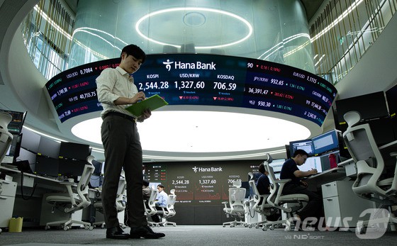 6일 오후 서울 중구 하나은행 본점 딜링룸 전광판에 증시 종가가 표시되고 있다. 이날 코스피 지수는 전 거래일 대비 31.24p(1.21%) 내린 2,544.28, 코스닥 지수는 18.68p(2.58%) 내린 706.60으로 장을 마감했다.
