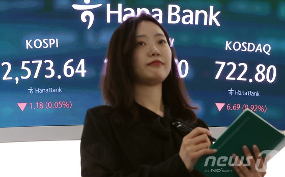 13일 오후 서울 중구 하나은행 본점 딜링룸 전광판에 증시가 표시되고 있다. 이날 코스피 지수는 전 거래일 대비 1.18p(0.05%) 하락한 2573.64, 코스닥 지수는 6.69p(0.92%) 하락한 722.80으로 마감했다.
