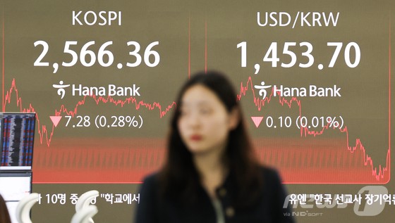 지난 14일 서울 중구 하나은행 본점 딜링룸 전광판에 코스피 지수가 전 거래일(2573.64)보다 7.29포인트(0.28%) 내린 2566.36을 나타내고 있다. 코스닥는 전 거래일(722.80)보다 11.46포인트(1.59%) 상승한 734.26로 원/달러 환율은 전날 종가와 같은 1453.80원에 거래를 마쳤다.